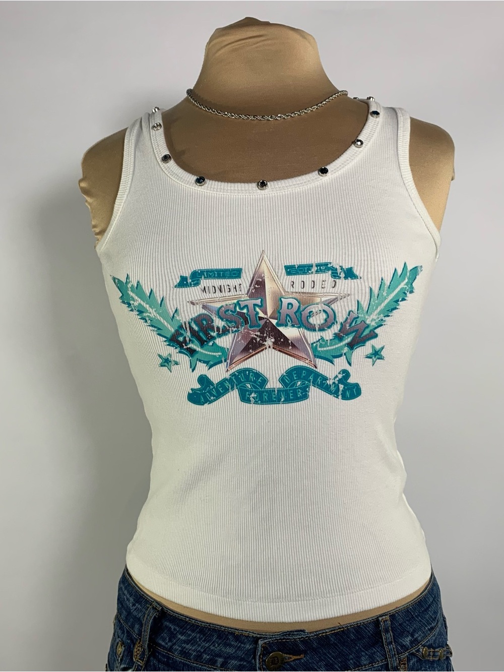 First Row Studded Graphic Ribbed Tank Top